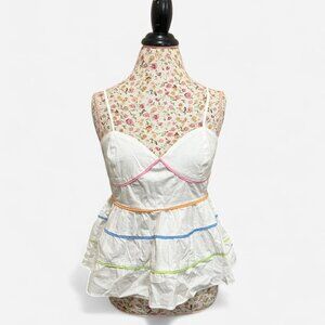 English factory White cotton babydoll top with multi-coloured ribbon detail #fai